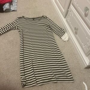 Talbots Olive and White Striped Long-Sleeve Shift Dress